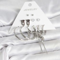 Mey İthalat® Gümüş Renk Pirinç 6'lı Kadın Küpe Seti