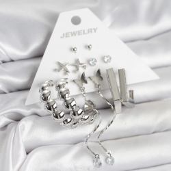 Mey İthalat® Gümüş Renk Pirinç 6'lı Kadın Küpe Seti