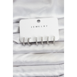 Mey İthalat® Gümüş Renk Pirinç Zirkon Taşlı Halka Kadın Küpe Seti