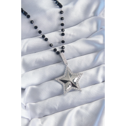 Mey İthalat® Gümüş Renk Siyah Boncuk Zirkon Taşlı Pirinç Yıldız Model VİP Seri Kadın Kolye