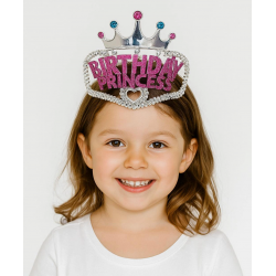 Mey İthalat® Gümüş Renk Taç Üzeri Pembe Birthday Prenses Yazılı Çocuk Parti Tacı 11X12 cm