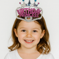 Mey İthalat® Gümüş Renk Taç Üzeri Pembe Birthday Prenses Yazılı Çocuk Parti Tacı 11X12 cm