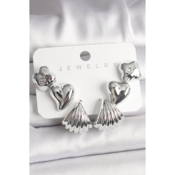 Mey İthalat® Gümüş Renk Yonca Kalp Deniz Kabuğu Figür CCB Kadın Küpe Seti