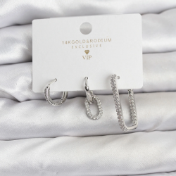 Mey İthalat® Gümüş Renk Zirkon Taşlı 3'lü Kadın Küpe Seti