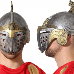 Mey İthalat® Gümüş Üzeri Altın Renk Oynar Başlıklı Romalı Bizans Kaskı Miğferi 25x20 cm