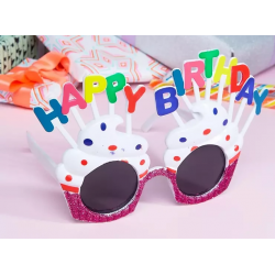 Mey İthalat® Happy Birthday Yazılı Beyaz Fuşya Renk Beyaz Pastalı Parti Gözlüğü 12x7 cm