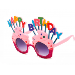 Mey İthalat® Happy Birthday Yazılı Pembe Fuşya Renk Pembe Pastalı Parti Gözlüğü 12x7 cm