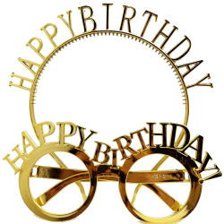 Mey İthalat® Happy Birthday Yazılı Taç ve Happy Birthday Yazılı Gözlük Seti Altın Renk