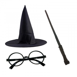 Mey İthalat® Harry Potter Siyah Şapkası Harry Potter Gözlüğü Harry Potter Asası 3 lü Set