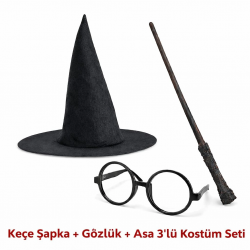 Mey İthalat® Harry Potter Tarzı Çocuk Seti (Siyah Keçe Şapka, Asa, Gözlük)