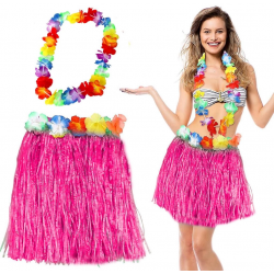 Mey İthalat® Hawaii Luau Aloha Pembe Püsküllü 40 cm Etek ve Hawaii Kolye Seti