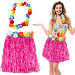 Mey İthalat® Hawaii Luau Aloha Pembe Püsküllü 40 cm Etek ve Hawaii Kolye Seti