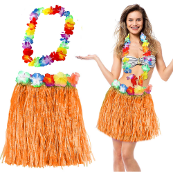 Mey İthalat® Hawaii Luau Aloha Turuncu Püsküllü 40 cm Etek ve Hawaii Kolye Seti