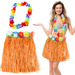 Mey İthalat® Hawaii Luau Aloha Turuncu Püsküllü 40 cm Etek ve Hawaii Kolye Seti
