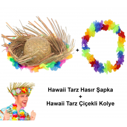 Mey İthalat® Hawaii Tarzı Tropikal Çiçekli Hasır Şapka ve Çiçekli Hawaii Kolye