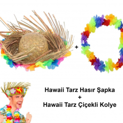 Mey İthalat® Hawaii Tarzı Tropikal Çiçekli Hasır Şapka ve Çiçekli Hawaii Kolye