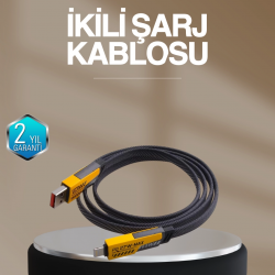 Mey İthalat® Hızlı Şarj Destekli 65W Örgülü USB-C ve USB-A Çoklu Şarj Kablosu