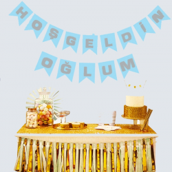 Mey İthalat® Hoşgeldin Oğlum Mavi Üzeri Gümüş Yeni Doğan Bebek Doğum Süsü Afiş Bayrak Flama 2.2 Metre