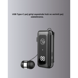 Mey İthalat® İçi Sarılabilen Kablo ve Yaka Klipsli Bluetooth Kulaklık
