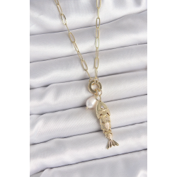 Mey İthalat® İnci Detaylı Zirkon Taşlı Balık Figürlü Gold Renk Pirinç Kolye