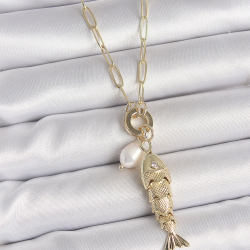 Mey İthalat® İnci Detaylı Zirkon Taşlı Balık Figürlü Gold Renk Pirinç Kolye