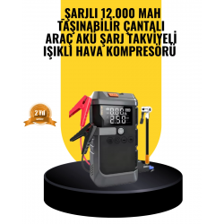 Mey İthalat® Işıklı Hava Kompresörlü Taşınabilir Akü Takviye Ünitesi