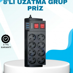 Mey İthalat® Isıya Dayanıklı Termal Akım Korumalı 8'li Priz ve 3 USB Girişli Uzatma Kablosu