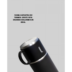 Mey İthalat® Isıyı Uzun Süre Koruyan 500 ml Termos Seti | Çelik Gövde, 2 Bardaklı, Hediye Kutulu