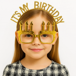 Mey İthalat® İt's My Birthday Yazılı Taç ve Mum Şekilli Gözlük Seti Altın Renk