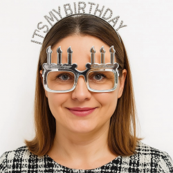 Mey İthalat® İt's My Birthday Yazılı Taç ve Mum Şekilli Gözlük Seti Gümüş Renk
