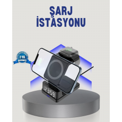 Mey İthalat® Kablosuz Şarj Cihazı ve Dijital Saat – 4’ü 1 Arada Hızlı Şarj, Apple Uyumlu, LED Işıklı Tasarım
