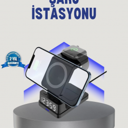Mey İthalat® Kablosuz Şarj Cihazı ve Dijital Saat – 4’ü 1 Arada Hızlı Şarj, Apple Uyumlu, LED Işıklı Tasarım