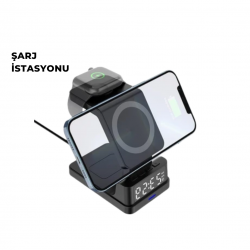 Mey İthalat® Kablosuz Şarj İstasyonu ve Dijital Saat – Apple Uyumlu, 3 Kademeli Işık Ayarı