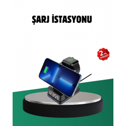 Mey İthalat® Kablosuz Şarjlı Dijital Masa Saati – 3 Parlaklık Seviyeli LED, Hızlı Şarj, Apple Uyumlu