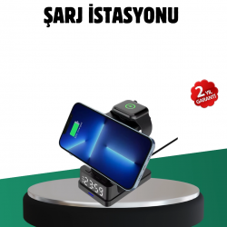 Mey İthalat® Kablosuz Şarjlı Dijital Masa Saati – 3 Parlaklık Seviyeli LED, Hızlı Şarj, Apple Uyumlu
