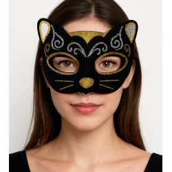 Mey İthalat® Kadife Dokulu Sim Detaylı Işıltılı Kedi Maskesi Altın Gümüş 20x13 cm