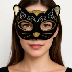 Mey İthalat® Kadife Dokulu Sim Detaylı Işıltılı Kedi Maskesi Altın Gümüş 20x13 cm