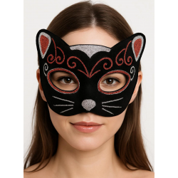 Mey İthalat® Kadife Dokulu Sim Detaylı Işıltılı Kedi Maskesi Kırmızı Gümüş 20x13 cm