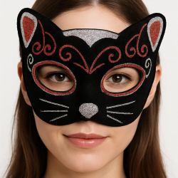 Mey İthalat® Kadife Dokulu Sim Detaylı Işıltılı Kedi Maskesi Kırmızı Gümüş 20x13 cm