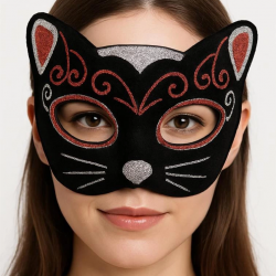 Mey İthalat® Kadife Dokulu Sim Detaylı Işıltılı Kedi Maskesi Kırmızı Gümüş 20x13 cm