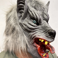 Mey İthalat® Kafaya Tam Geçmeli Lateks Dil Çıkaran Mavi Gözlü Kurt Maskesi