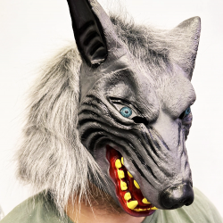 Mey İthalat® Kafaya Tam Geçmeli Lateks Mavi Gözlü Dişli Ağzı Açık Kurt Maskesi