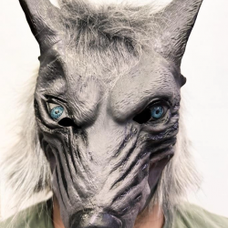 Mey İthalat® Kafaya Tam Geçmeli Lateks Mavi Gözlü Dişli Ağzı Açık Kurt Maskesi