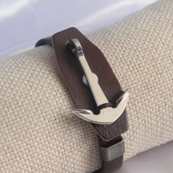 Mey İthalat® Kahverengi Deri Model Gümüş Renk Çapa Figür Erkek Bileklik