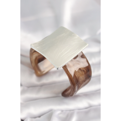 Mey İthalat® Kahverengi Mermer Desen Akrilik Plastik Gümüş Kare Plaka Model Vintage Kadın Bilezik