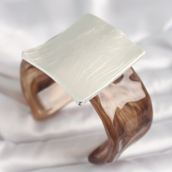 Mey İthalat® Kahverengi Mermer Desen Akrilik Plastik Gümüş Kare Plaka Model Vintage Kadın Bilezik