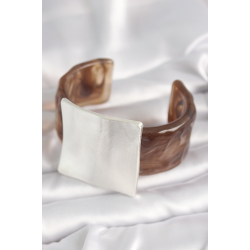 Mey İthalat® Kahverengi Mermer Desen Akrilik Plastik Gümüş Kare Plaka Model Vintage Kadın Bilezik