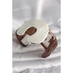 Mey İthalat® Kahverengi Mermer Desen Akrilik Plastik Gümüş Plaka Model Vintage Kadın Bilezik