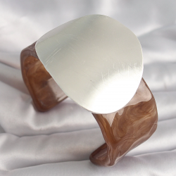 Mey İthalat® Kahverengi Mermer Desen Akrilik Plastik Gümüş Plaka Model Vintage Kadın Bilezik