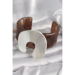 Mey İthalat® Kahverengi Mermer Desen Akrilik Plastik Gümüş Plaka Model Vintage Kadın Bilezik